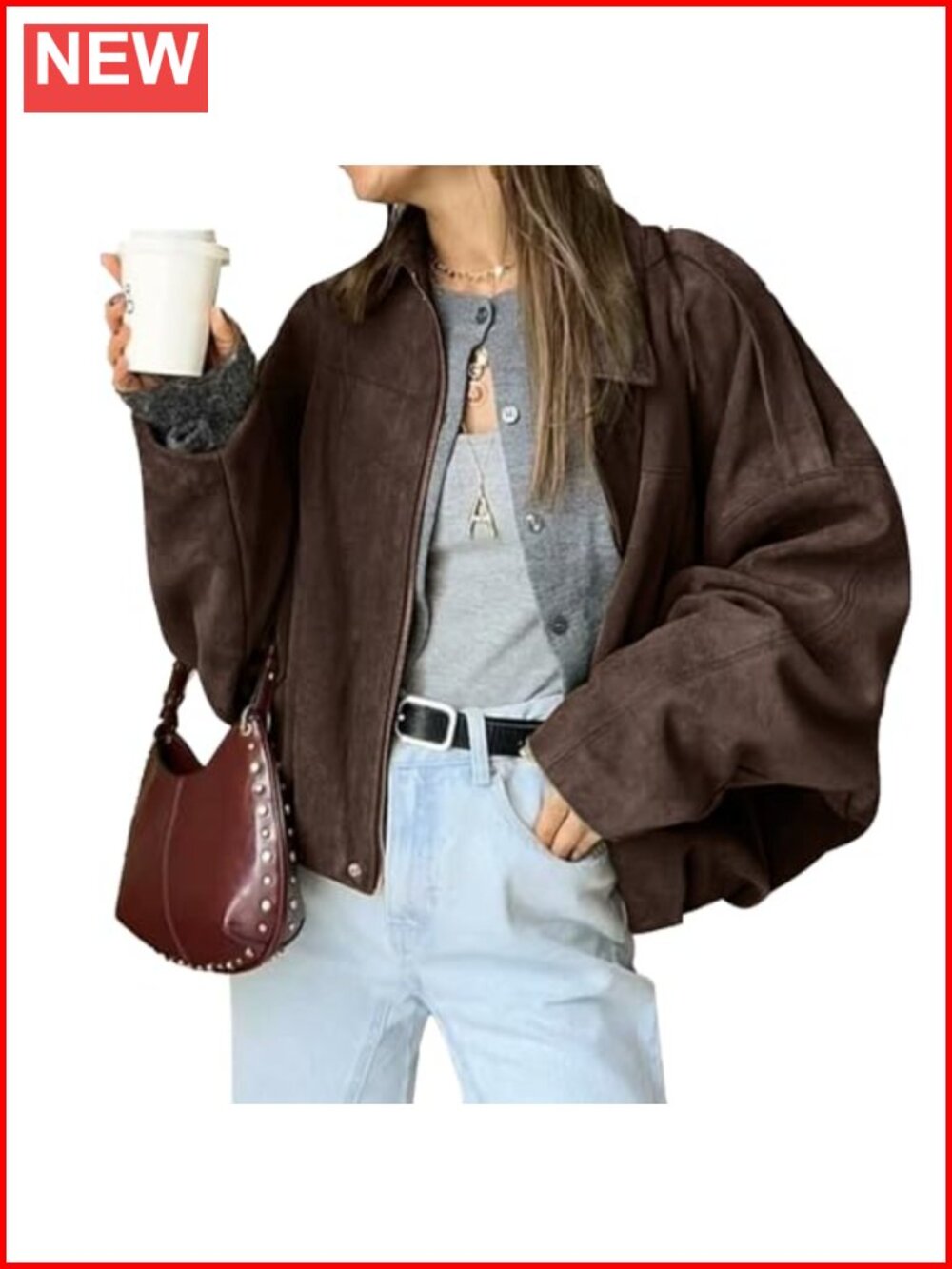 Faux Suede Bomber Jacket Women Zipper Casual Lapel Coat Y2K Oversized